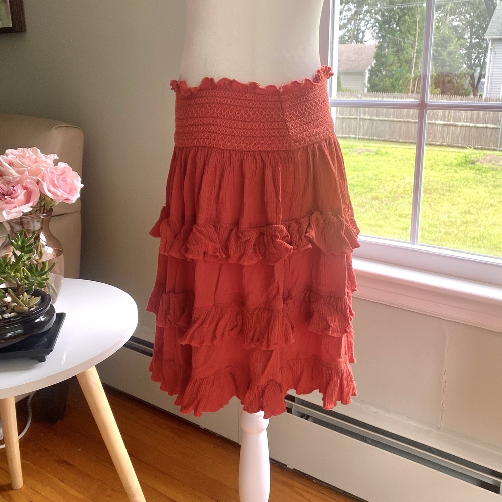 Tea 'N Lace Ruffle Skirt Orange Elastic Waist Flowy Tiered Boho Fairycore Size S - Picture 3 of 7